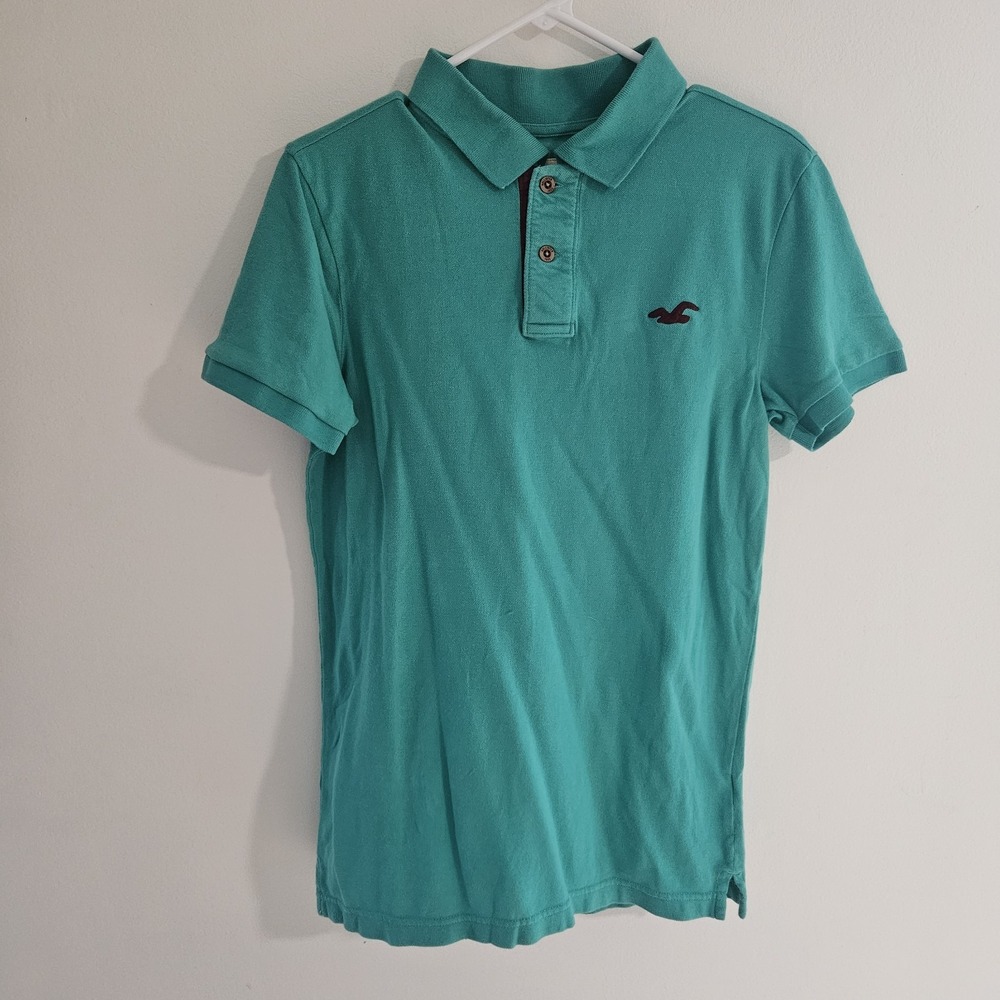 Y2K Hollister Shirt Mens M Turquoise Blue 1/4 Button Collared Logo Polo Indie